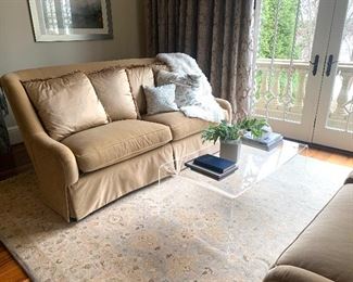 Pair of matching Sherrill sofas and lucite coffee table