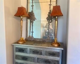 Pair of matching silver chests, pair of Sarreid lamps, pair of matching decorative mirrors