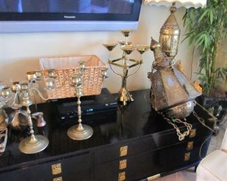 Brass hanging lamp, candle holders