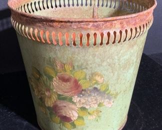 Vintage Hand Painted Floral Tole Cachepot / Bucket
