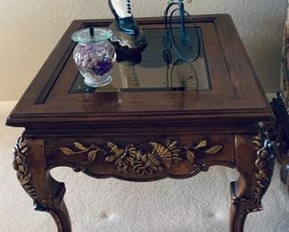 Ornate End Table $75: 2' wide, 28" deep, 20 & 1/2" tall.