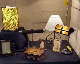 Leaded Glass hanging lamp, desk and table lamps, vintage pictures and hand made inlaid wood keepsake box.