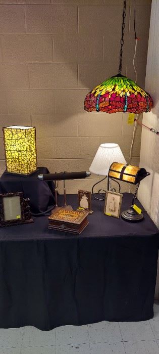 Leaded Glass hanging lamp, desk and table lamps, vintage pictures and hand made inlaid wood keepsake box.