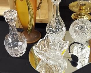 Roseville brown Pinecone Ewer, crystal decanters, perfume bottle with atomizer, bowl (square and rose)