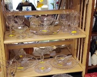 Modern serving bowl with candle sticks, Depression Candlewick pieces, Heisey Lariat divided dish