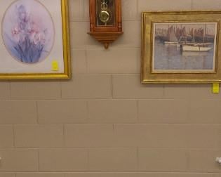 Regulator wall clock (chimes on the hour and half hour), On right is an original on canvas by John H. Titcomb.