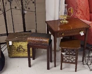 Inlaid side table (two are available), small occasional tables, brass fireplace tinder box, metal room screen