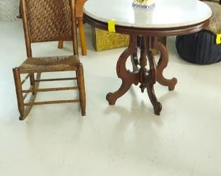 Victorian marble top center tale, wicker rocker