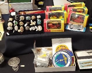 Costume rings, vintage Matchbox, military buttons, Navy patches. Jefferson nickels, silver certificate, war time state notes