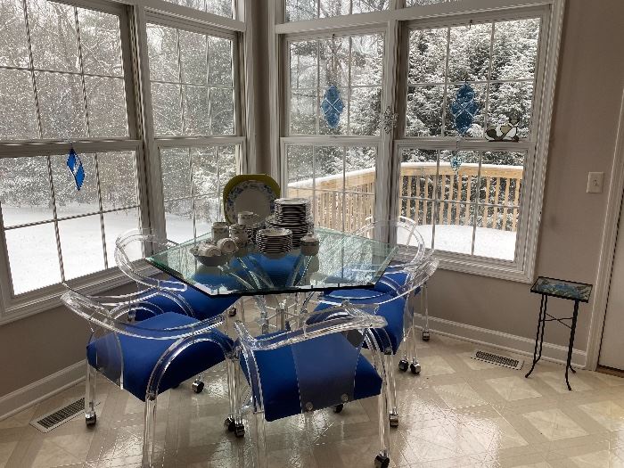 Modern Lucite and Glass Dining Set with Upholstered Blue Seat Cushions - Super Comfy!