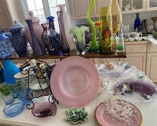 Colored Glass Plates and Vases