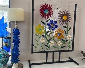 Fused Glass Art, Tumbled Cobalt Blue Glass Lamp