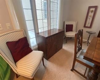Very Nice Upholstered Striped Side Chairs, Vintage Wooden Sideboard with Woven Cane Door Panels, Metal Flower Wall Décor