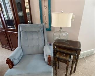 Vintage Lounge Chair, Set of Nesting Tables, Clear Blown Glass Table Lamp, Metal Wall Décor