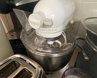 White Kitchen Aid Mixer with Bowls and Attachments