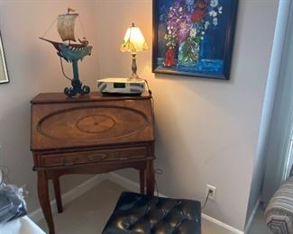 Antique Secretary Desk, Leather Ottoman, Unique Metal Art-in-Motion Boat Décor, Wall Art