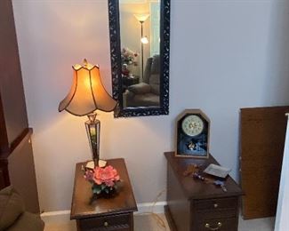 Matching 4-Drawer Side Tables, Full Length Mirror, Stained Glass Table Lamp, Mantel Clock