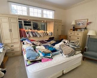Vintage Stanley Headboard Wall Unit with matching Dresser, Throw Pillows, Clothing, Linens