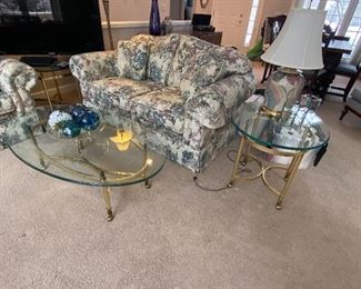 Brass and Glass Coffee Table and Side Table, Blown Glass Orbs, Ceramic Table Lamp
