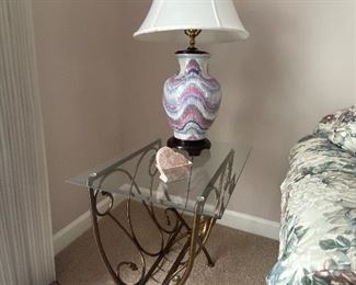 Metal and Glass Side Table/Magazine Rack, Ceramic Table Lamp