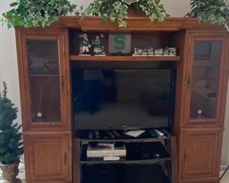 Oak Entertainment Center, more Michigan State Fan Memorabilia, TV stand and TV
