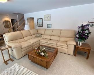 Very Comfortable, High Back Leather Sectional with one recliner and a pull out sleeper! Oak 1-Drawer Side Table, Square Oak Glass Top Coffee Table with Storage, Home Décor