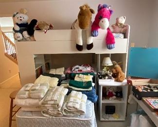 Loft Bed with Storage and Twin Bed with mattresses, Lots of Towels, Stuff Animals