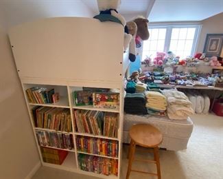 Children's Books, The Loft Bed comes with a Bookcase on one end!, Wooden Stool, Lots of Miscellaneous