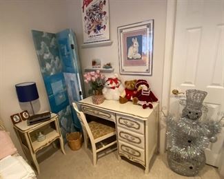 Vintage Desk and Chair, Matching Bedside Table, Decorative Room Divider, Holiday Snowman Décor