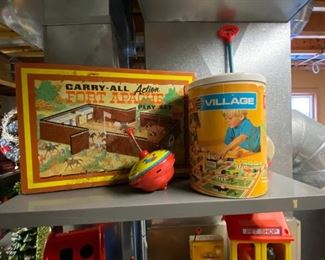 1968 Louis Marx & Co Carry All Action Fort Apache Tin Play Set, Vintage Playskool Village, Vintage Metal Top