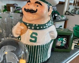 Fun Michigan State Chef Cookie Jar and Spartan Snow Globe