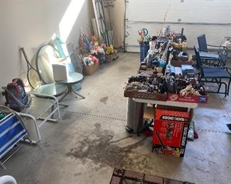 Garage items, patio furniture, tools, garden art