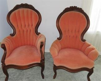Victorian Tufted Velvet Carved Walnut Parlor Chairs