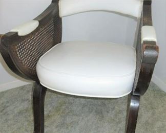 Mid Century Cane Wood White Leather Arm Chair