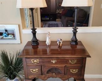 $90 , Harden Cherry 4 drawer accent table 32wx18.5dx30 H  $50 pair tall lamps/creme shades
