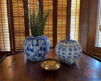 LOT - Blue and White Pumpkin, Planter, and Brass Trinket Vase