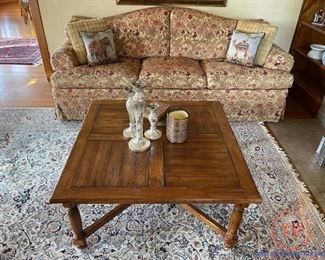ETHAN ALLEN Custom Upholstered Sofa and ETHAN ALLEN Wood Mission Style Coffee Table