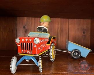 1944 Jouncing Jeep Tin Toy GR5-4065 Atomic Brakes Supersonic Speed WITH Wagon
