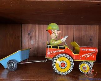 1944 Jouncing Jeep Tin Toy GR5-4065 Atomic Brakes Supersonic Speed WITH Wagon