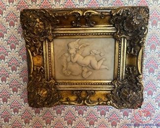 Biggs and Sons Alabaster Carved Cherub in Ornate Frame by Carvers and Gilders