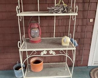 Outdoor Wrought Iron Bakers Rack with Misc Decorative Items