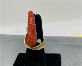 14Kt Gold Coral & Diamond Ring