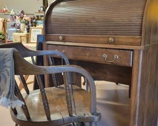 Roll Top Wood Desk & Vintage Captains Chair