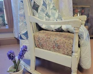 Vintage Farmhouse White Rocking Chair & Quilt