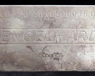 .999+ Fine Silver Bar, 100 Troy Ounces, Stamped Engelhard, SN# P311826