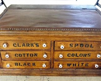 Antique Clark's Spool Cabinet With 5 Drawers And Leather Covered Hinged Lid Top, 14.5" High x 32.5" Wide x 23.5" Deep