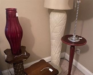 3 plant stands.   Large ceramic floor lamp.  