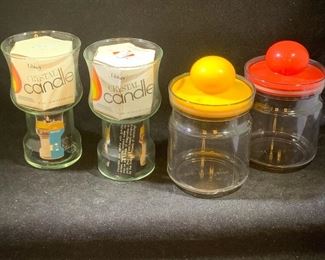 vintage Libbey crystal candles and vintage plastic canisters 