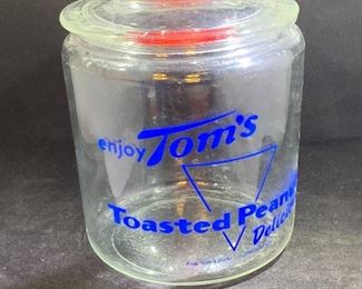 Tom’s Toasted Peanuts vintage glass lidded canister 