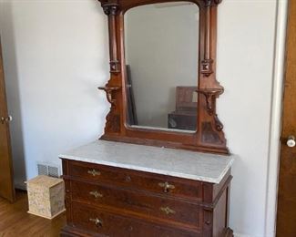 1 of 2 matching Antique 3 drawer dresser with marble top and mirror